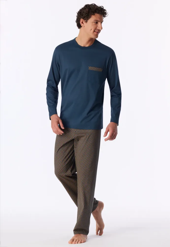 Schiesser Schlafanzug Blau/Braun gemustert - Comfort Nightwear für Herren, Größe 4XL, 100 % Baumwolle