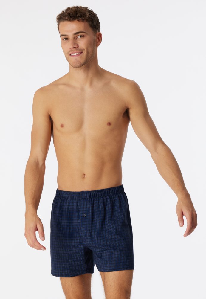 Schiesser Boxershorts mit Knopfleiste Dunkelblau kariert - Cotton Casuals für Herren, Größe L, 100 % Baumwolle