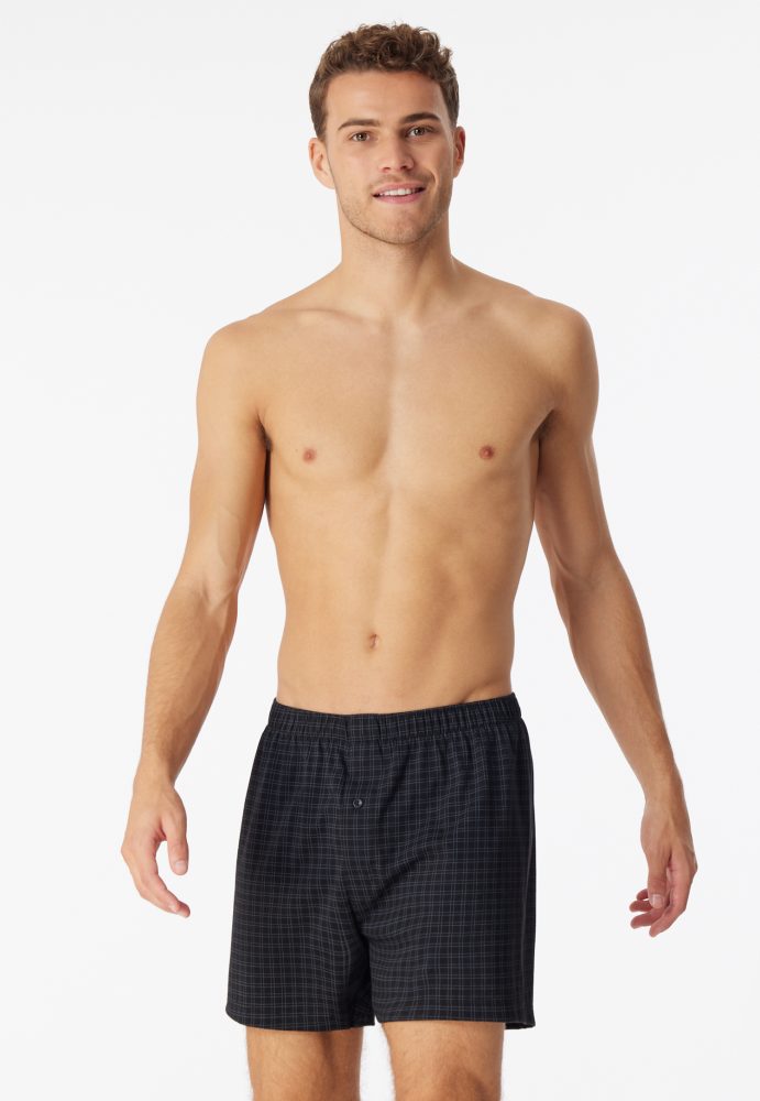 Schiesser Boxershorts mit Knopfleiste Schwarz kariert - Cotton Casuals für Herren, Größe S, 100 % Baumwolle