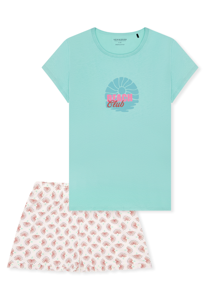Schiesser Schlafanzug kurz Blau/Weiss gemustert - Nightwear für Mädchen, Größe L, 100 % Baumwolle