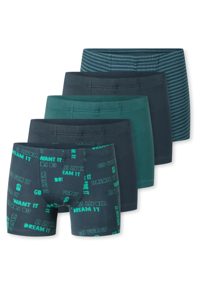 Schiesser Shorts 5er-Pack Grün/Blau gemustert - 95/5 für Jungen, Größe XS, 95 % Baumwolle, 5 % Elasthan