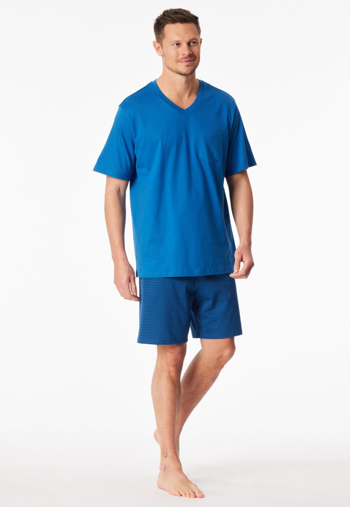Schiesser Schlafanzug kurz Blau gemustert - Comfort Essentials für Herren, Größe S, 100 % Baumwolle