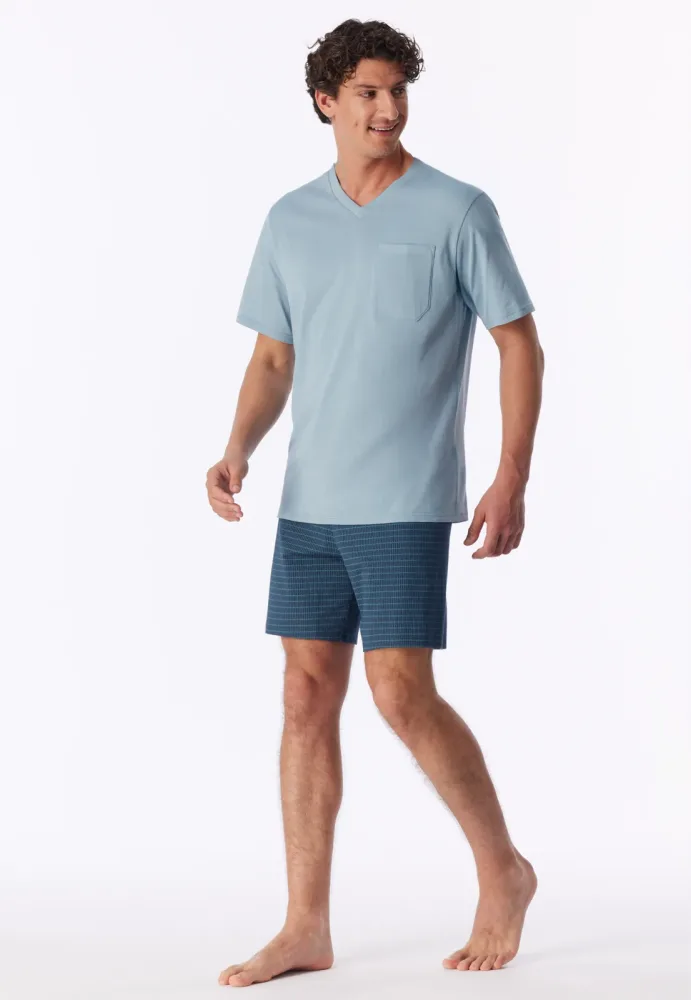 Schiesser Schlafanzug kurz Blau gestreift - Comfort Essentials für Herren, Größe L, 100 % Baumwolle