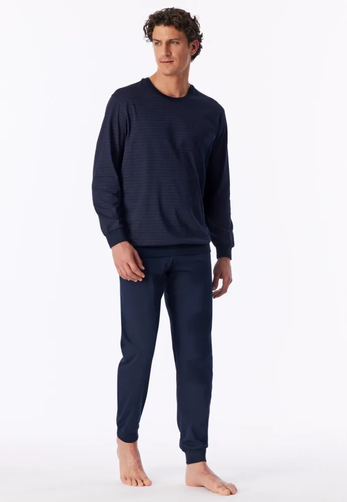 Schiesser Schlafanzug mit Bündchen Blau/Lila gemustert - Comfort Essentials für Herren, Größe L, 100 % Baumwolle