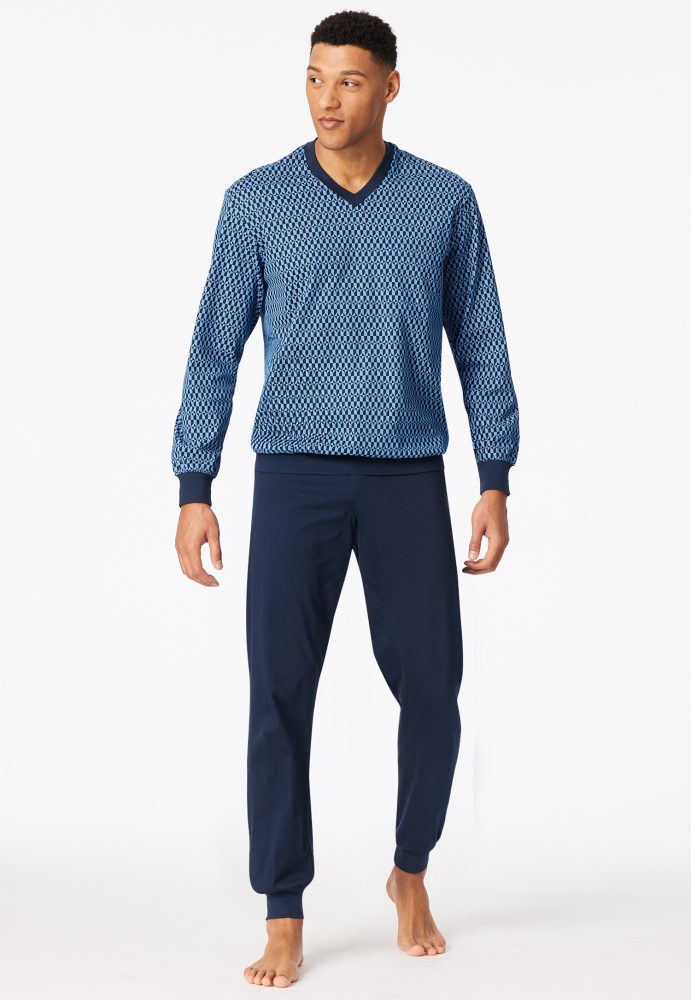 Schiesser Schlafanzug mit Bündchen Blau gemustert - Comfort Nightwear für Herren, Größe 4XL, 100 % Baumwolle