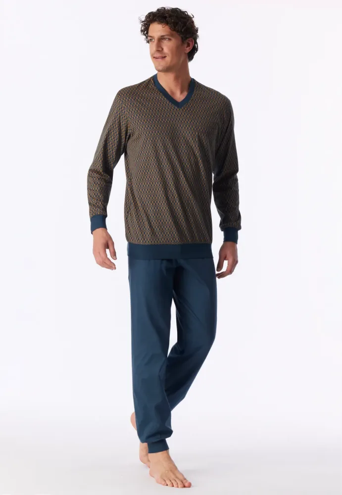 Schiesser Schlafanzug mit Bündchen Blau/Braun gemustert - Comfort Nightwear für Herren, Größe 4XL, 100 % Baumwolle