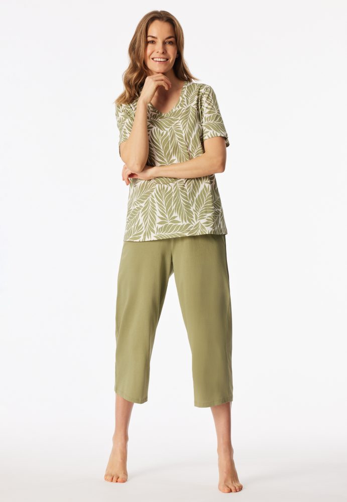 Schiesser Schlafanzug 3/4-lang Oliv gemustert - Comfort Essentials für Damen, Größe XXL, 100 % Baumwolle