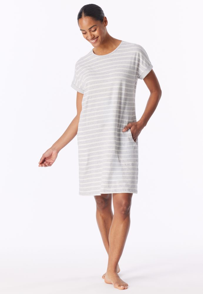 Schiesser Nachthemd kurzarm Grau gestreift - Casual Essentials für Damen, Größe XL, 100 % Baumwolle