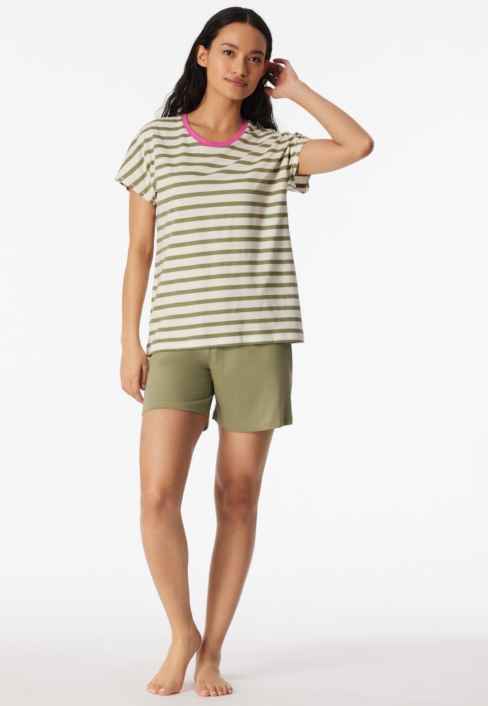 Schiesser Schlafanzug kurz Khaki/Weiss gestreift - Casual Essentials für Damen, Größe S, 100 % Baumwolle