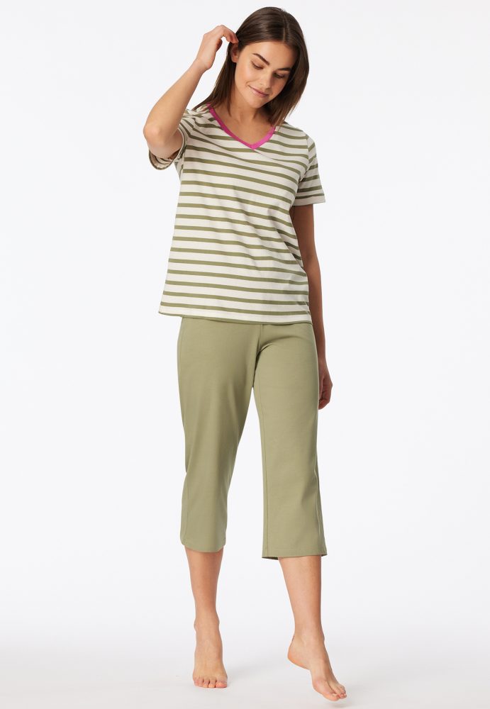 Schiesser Schlafanzug 3/4-lang Khaki/Weiss gestreift - Casual Essentials für Damen, Größe M, 100 % Baumwolle
