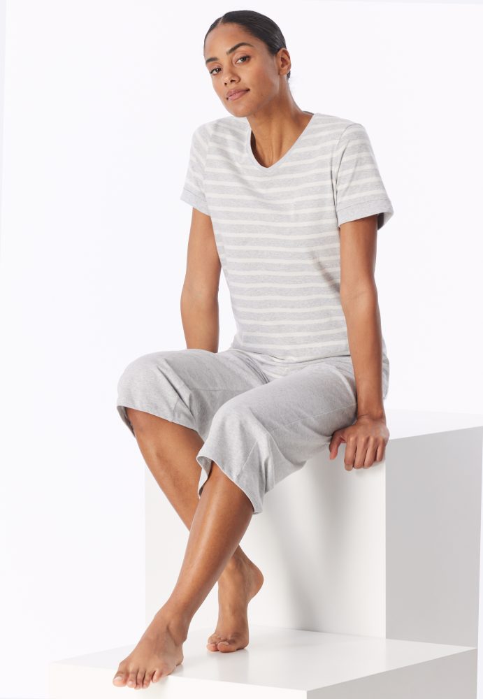 Schiesser Schlafanzug 3/4-lang Grau gestreift - Casual Essentials für Damen, Größe 3XL, 100 % Baumwolle
