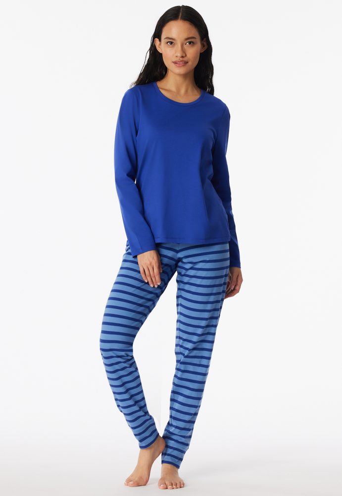 Schiesser Schlafanzug Blau gestreift - Casual Essentials für Damen, Größe L, 100 % Baumwolle