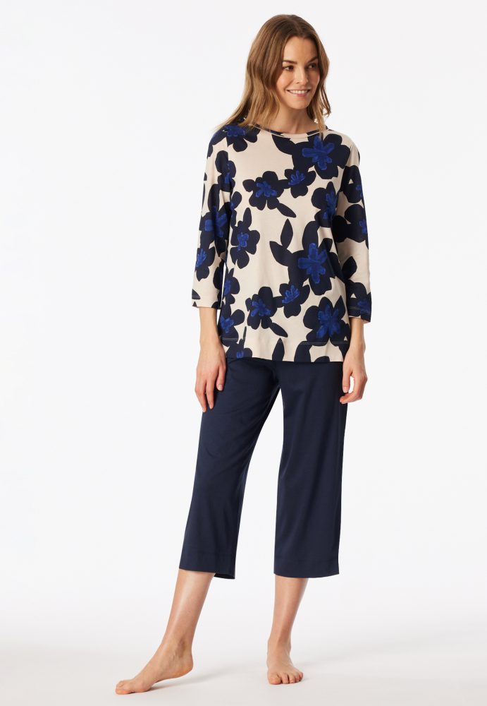 Schiesser Schlafanzug 3/4-lang Dunklblau gemustert - Comfort Nightwear für Damen, Größe L, 50 % Baumwolle, 50 % Modal