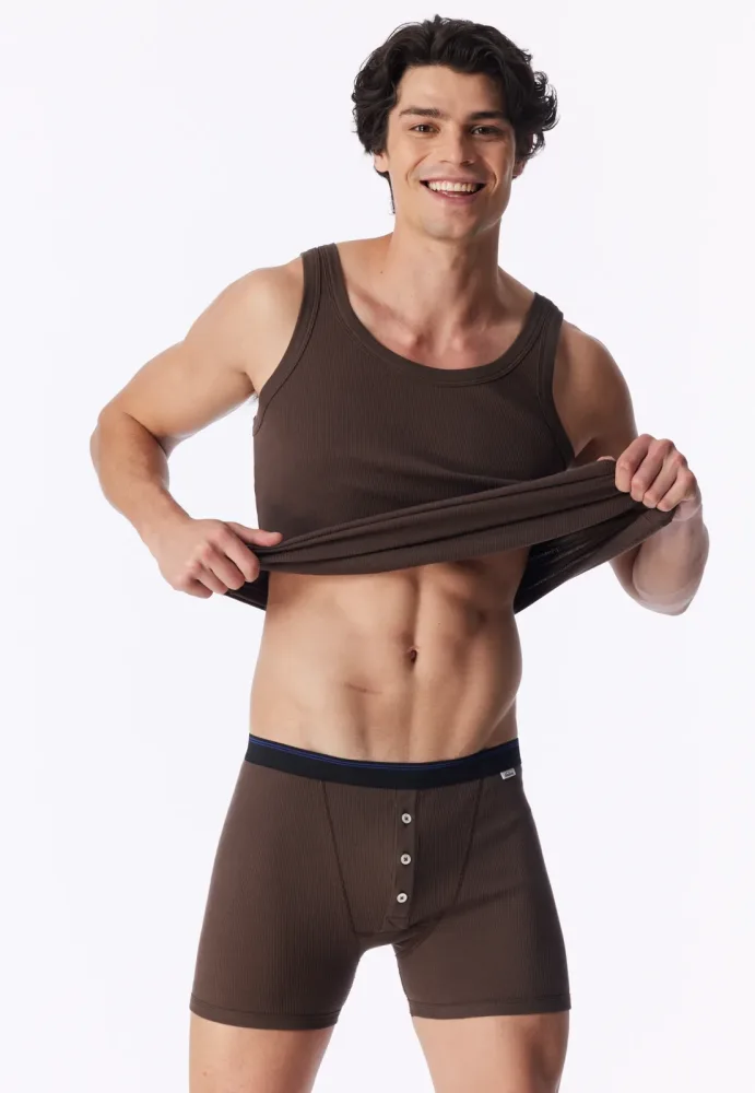 Schiesser Enge Boxershorts Doppelripp mit Knopfleiste Braun - Revival Friedrich für Herren, Größe S, 100 % Baumwolle