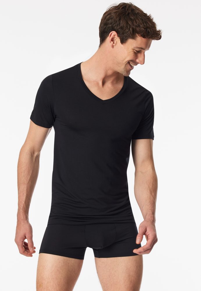 Schiesser T-Shirt V-Ausschnitt Schwarz - Premium Modal für Herren, Größe S, 55 % Modal, 35 % Polyamid, 10 % Elasthan