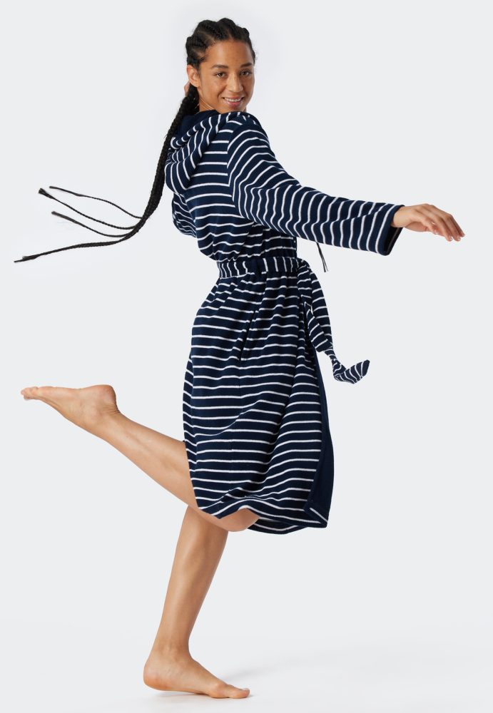 Bademantel Leichtfrottee navy gestreift - Feather Terry L