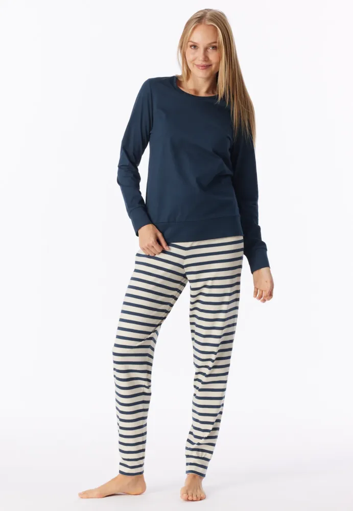 Schiesser Schlafanzug mit Bündchen Dunkelblau/Weiss gestreift - Casual Essentials für Damen, Größe M, 100 % Baumwolle
