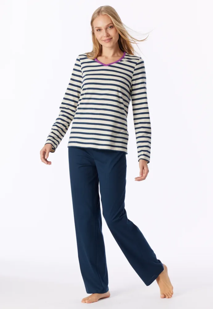 Schiesser Schlafanzug Dunkelblau/Weiss gestreift - Casual Essentials für Damen, Größe M, 100 % Baumwolle