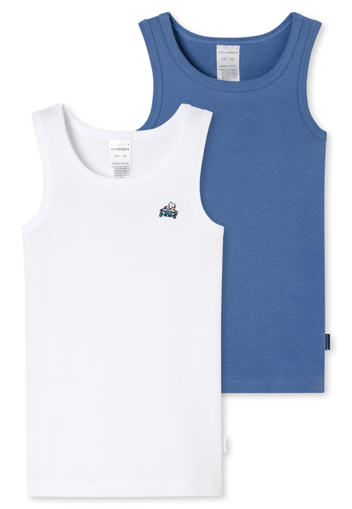 Schiesser Unterhemd 2er-Pack Blau/Weiss - Fine Rib für Jungen, Größe 2Y, 100 % Baumwolle