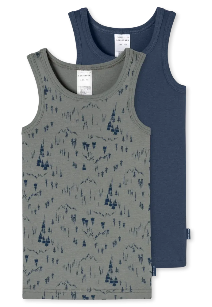 Schiesser Tank Top Feinripp 2er-Pack Dunkelblau/Grün gemustert - Fine Rib für Jungen, Größe 2Y, 100 % Baumwolle