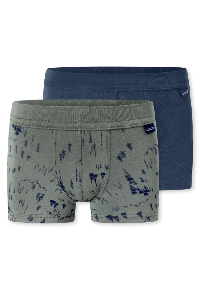 Schiesser Shorts 2er-Pack Blau/Khaki gemustert - Fine Rib für Jungen, Größe 2Y, 100 % Baumwolle