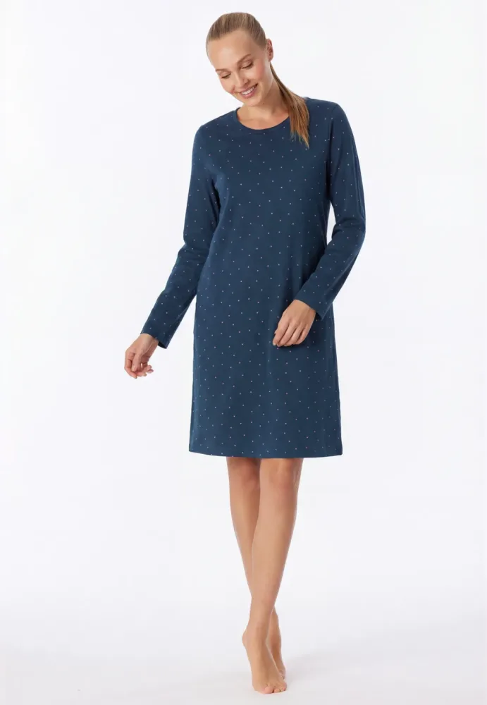 Schiesser Nachthemd langarm Dunkelblau gemustert - Casual Essentials für Damen, Größe XXL, 100 % Baumwolle