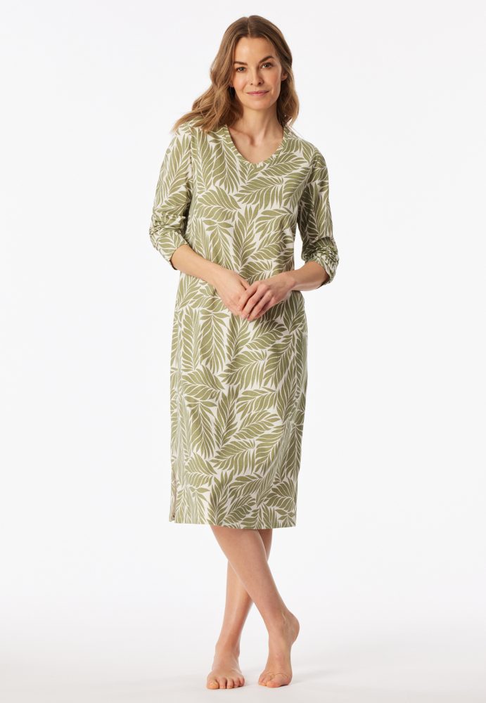 Schiesser Nachthemd langarm Oliv gemustert - Comfort Essentials für Damen, Größe XXL, 100 % Baumwolle