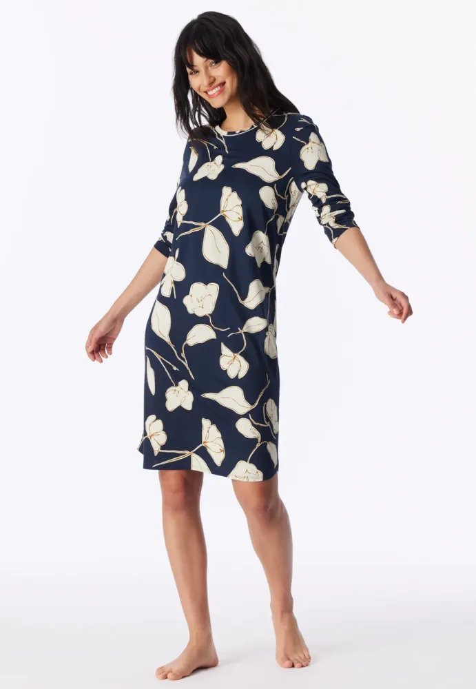 Schiesser Nachthemd langarm Dunkelblau/Weiss gemustert - Comfort Nightwear für Damen, Größe S, 50 % Baumwolle, 50 % Modal