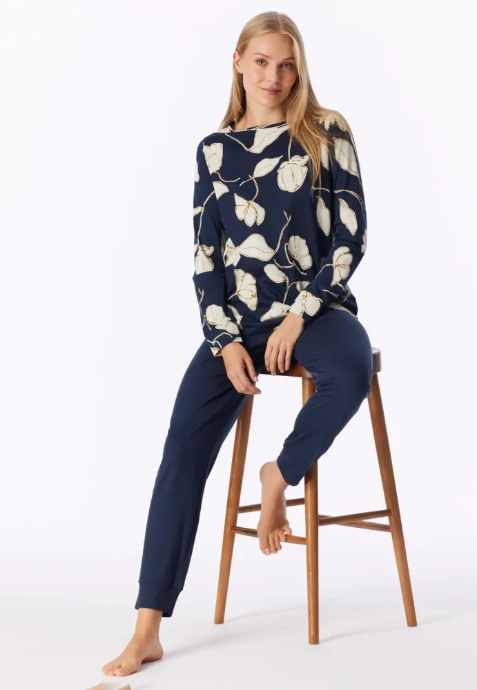 Schiesser Schlafanzug mit Bündchen Dunkelblau gemustert - Comfort Nightwear für Damen, Größe M, 50 % Baumwolle, 50 % Modal