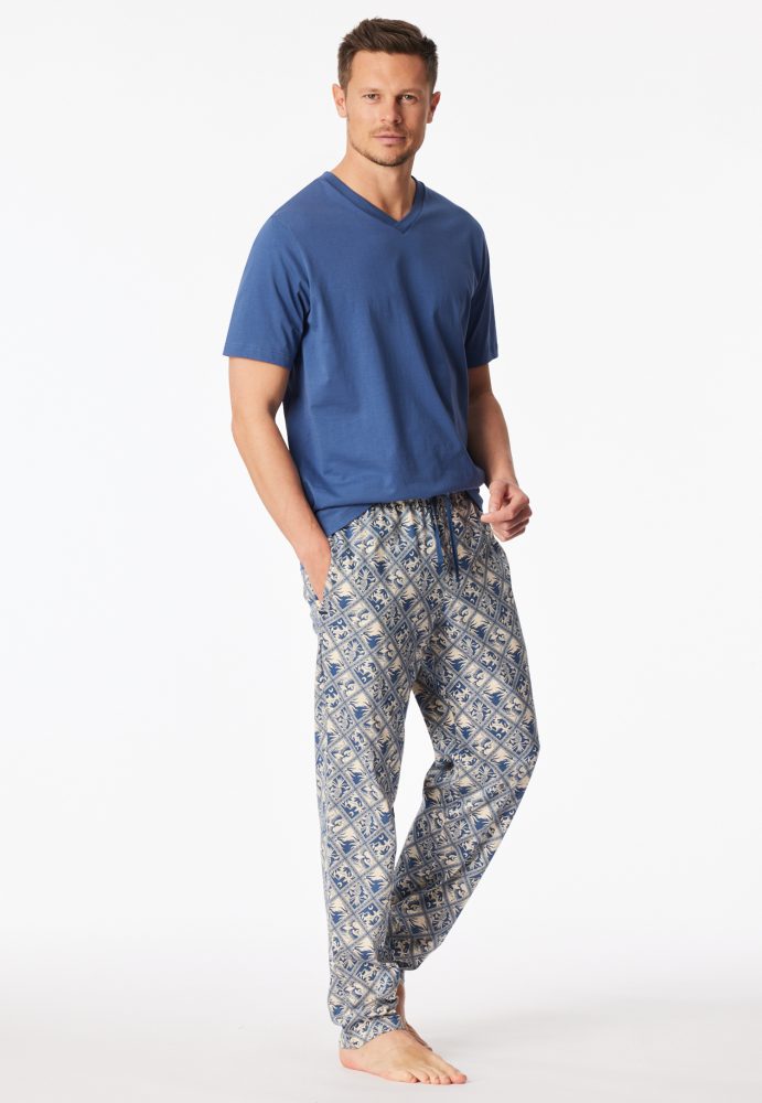 Schiesser Hose Blau/Beige gemustert - Mix+Relax für Herren, Größe XL, 100 % Baumwolle