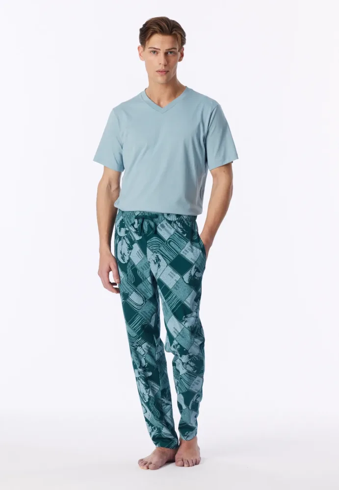 Schiesser Hose Petrol gemustert - Mix+Relax für Herren, Größe 3XL, 100 % Baumwolle