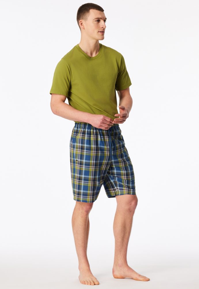 Schiesser Hose kurz Blau/Grün kariert - Mix+Relax für Herren, Größe XL, 100 % Baumwolle