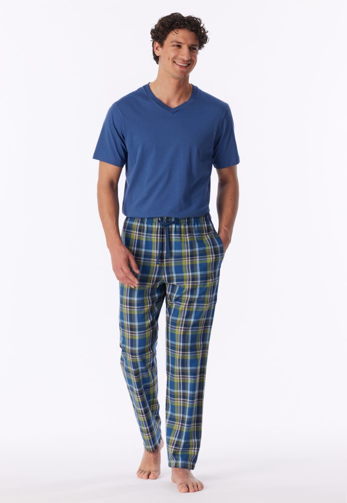 Schiesser Hose Blau/Grün kariert - Mix+Relax für Herren, Größe S, 100 % Baumwolle