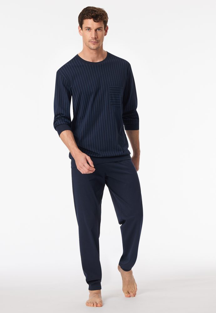 Schiesser Schlafanzug mit Bündchen Dunkelblau gemustert - Comfort Essentials für Herren, Größe 6XL, 100 % Baumwolle