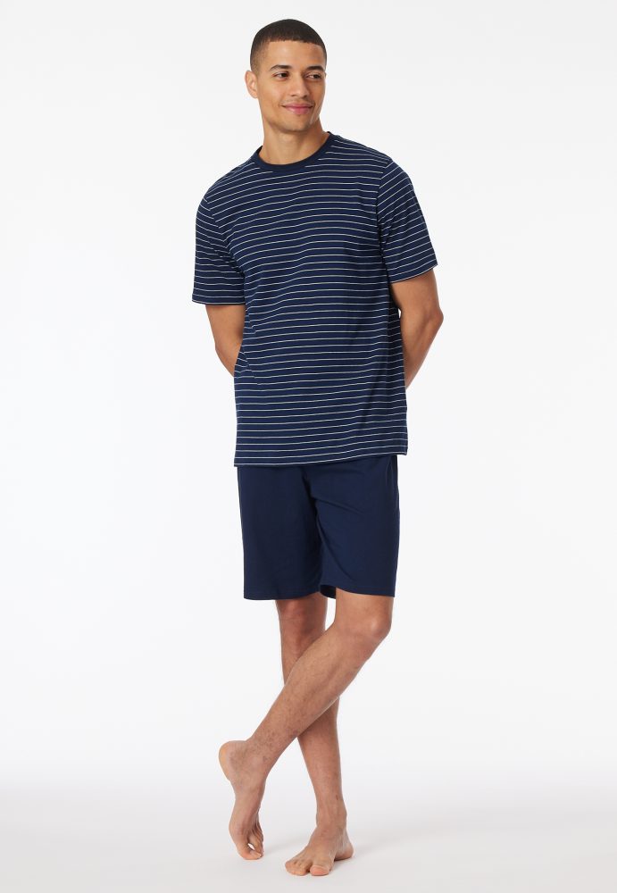 Schiesser Schlafanzug kurz Dunkelblau gestreift - Casual Essentials für Herren, Größe 4XL, 100 % Baumwolle
