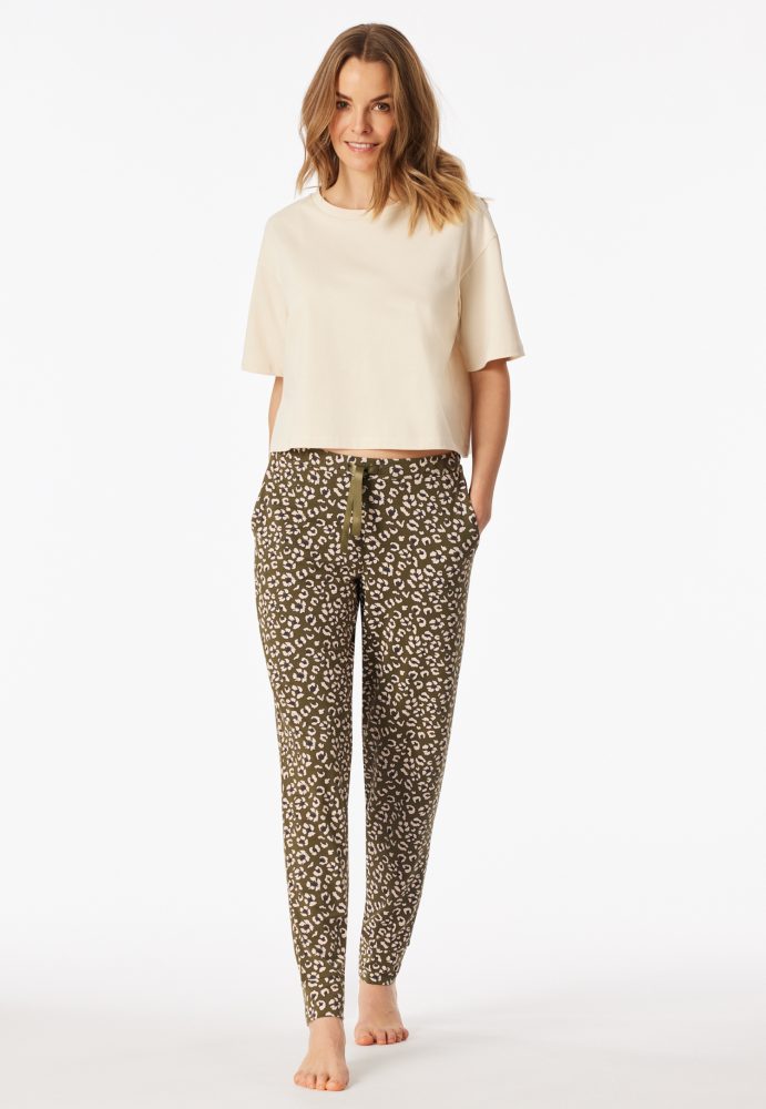 Schiesser Hose mit Bündchen Khaki gemustert - Mix+Relax für Damen, Größe L, 95 % Modal, 5 % Elasthan
