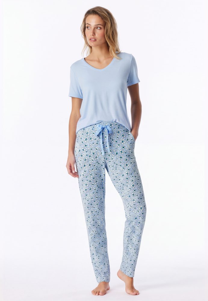 Schiesser Hose mit Bündchen Blau gemustert - Mix+Relax für Damen, Größe XS, 95 % Modal, 5 % Elasthan