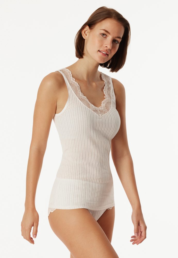 Schiesser Tank Top Feinripp V-Ausschnitt mit Spitze Weiss - Revival Marie für Damen, Größe 3XL, 100 % Baumwolle