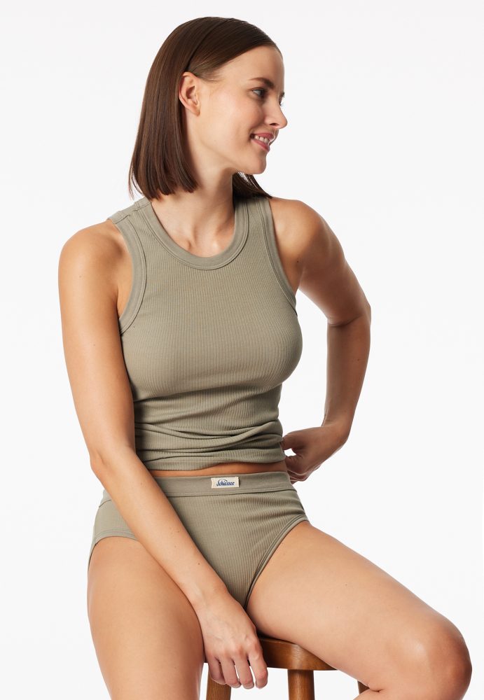 Schiesser Tank Top Feinripp Oliv - Revival Paula für Damen, Größe L, 95 % Baumwolle, 5 % Elasthan