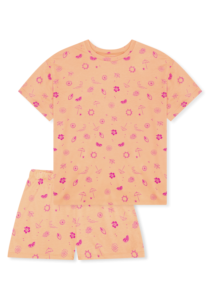 Schiesser Schlafanzug kurz Orange/Pink gemustert - Teens Nightwear für Mädchen, Größe S, 50 % Baumwolle, 50 % Modal