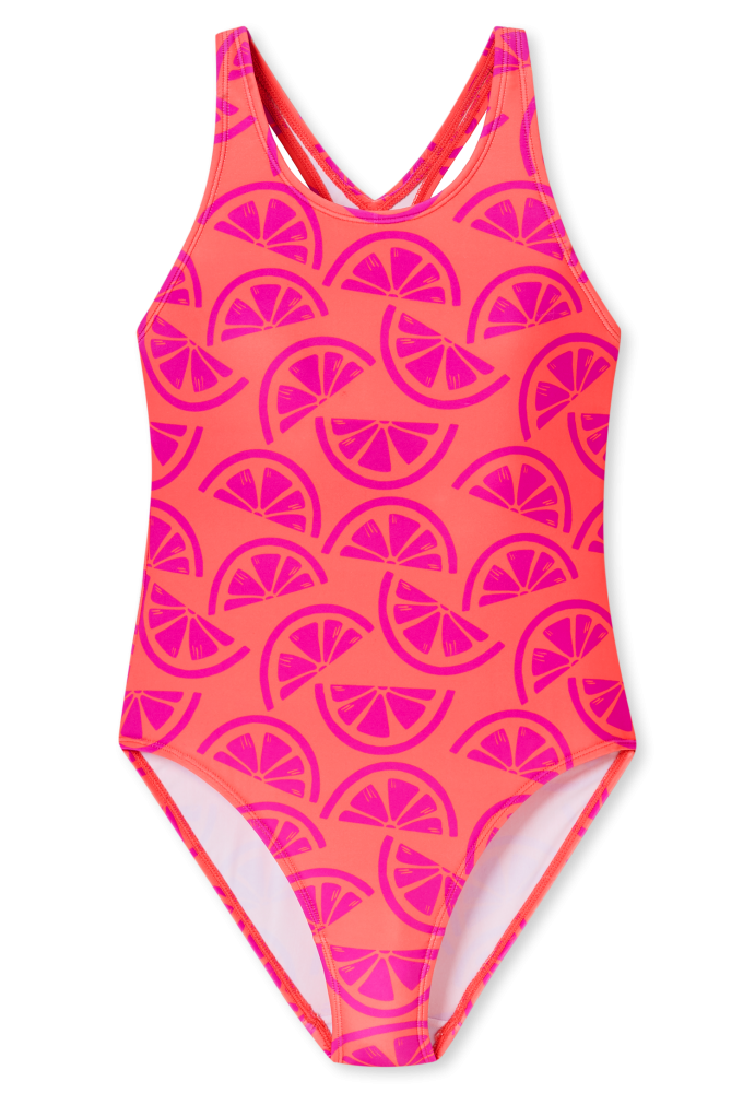 Schiesser Badeanzug Orange/Pink gemustert - Aqua für Mädchen, Größe M, 82 % Polyamid, 18 % Elasthan