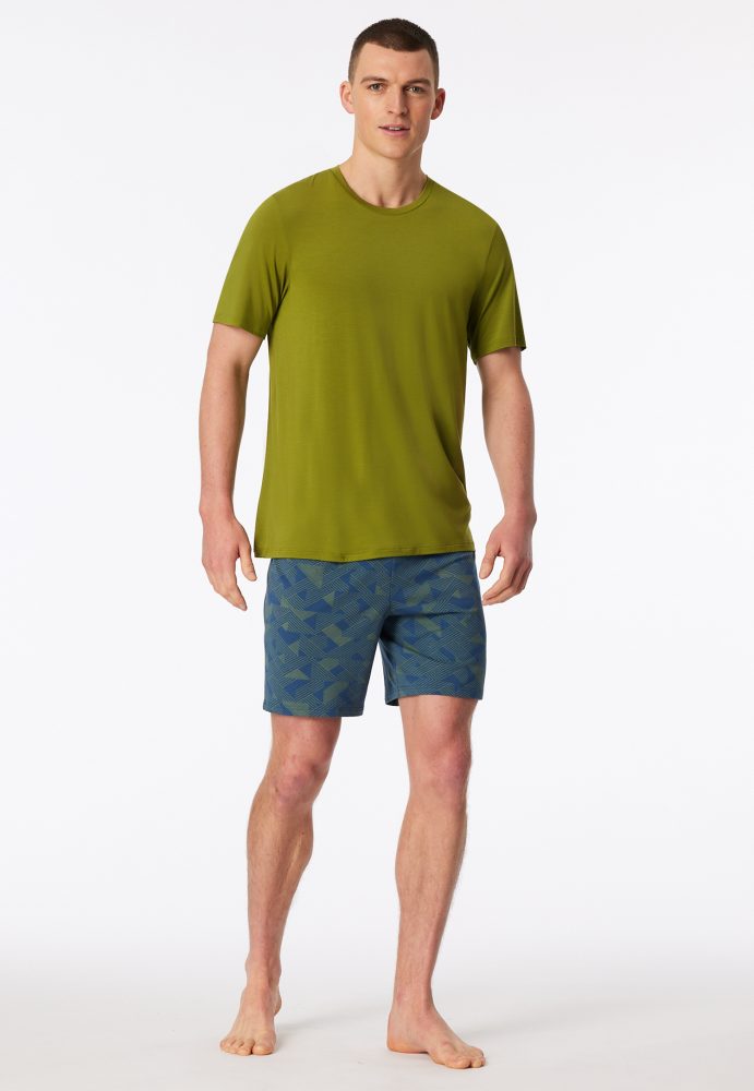 Schiesser Schlafanzug kurz Grün/Blau gemustert - Long Life Soft für Herren, Größe S, 90 % Modal, 10 % Elasthan