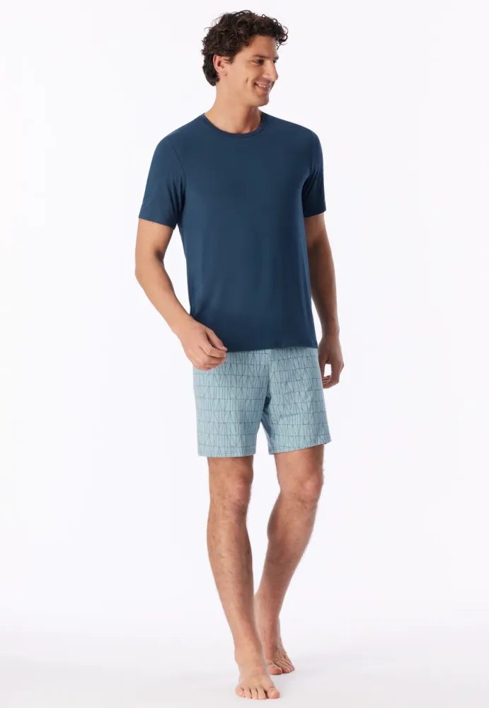 Schiesser Schlafanzug kurz Blau gemustert - Long Life Soft für Herren, Größe M, 90 % Modal, 10 % Elasthan
