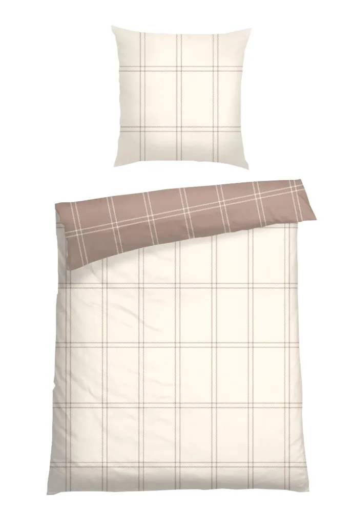 Schiesser Bettwäscheset 2-teilig Off-White/Braun kariert - SCHIESSER Home, Größe 135*200, 100 % Baumwolle