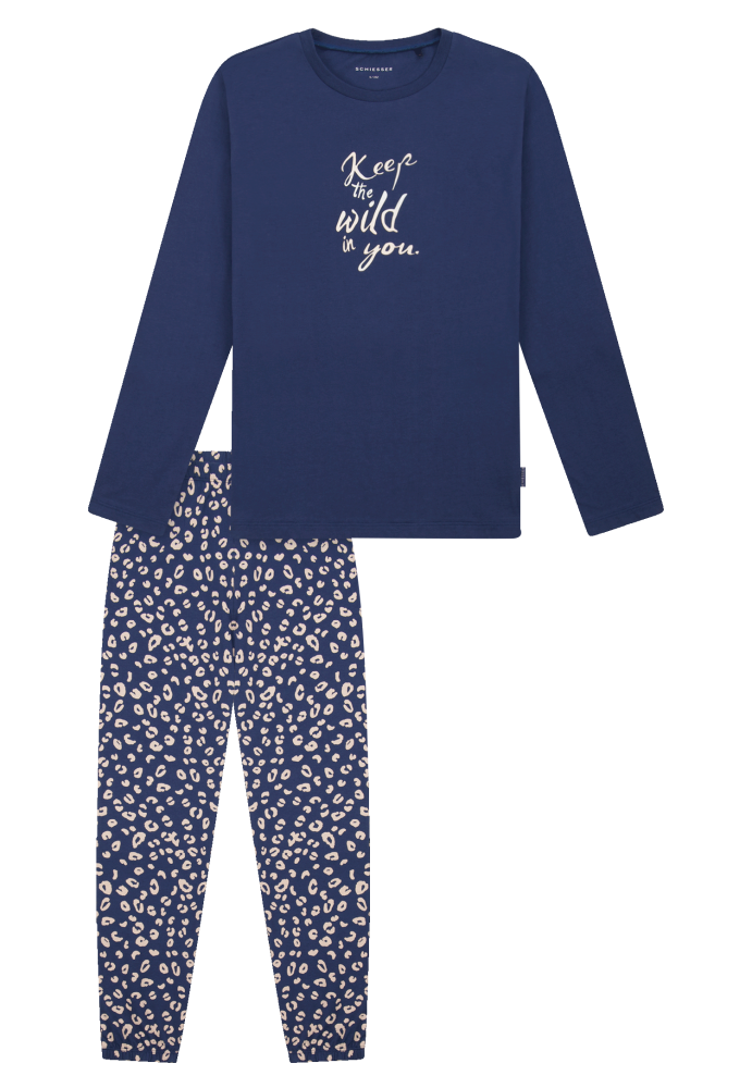Schiesser Schlafanzug lang Bündchen Animal Print jeansblau - Teens Nightwear für Mädchen, Größe L, 100 % Baumwolle