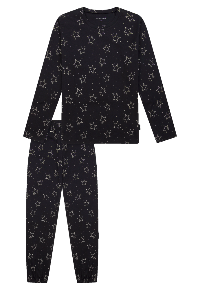 Schiesser Schlafanzug lang Bündchen Sterne schwarz - Teens Nightwear für Mädchen, Größe M, 100 % Baumwolle