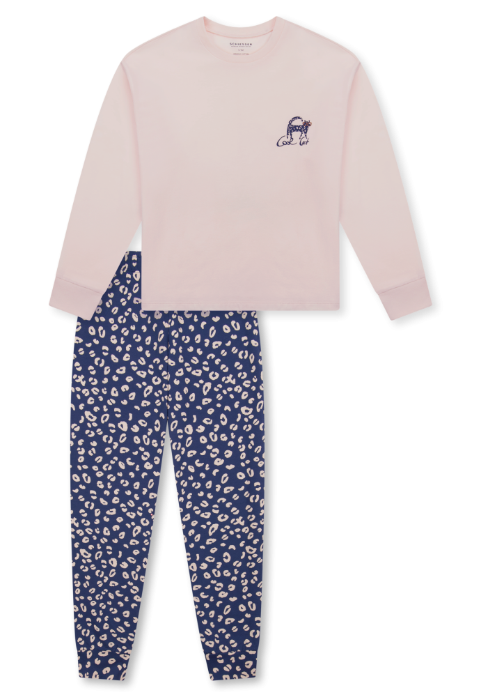 Schiesser Schlafanzug lang Bündchen Katze Animal Print champagner - Teens Nightwear für Mädchen, Größe M, 100 % Baumwolle