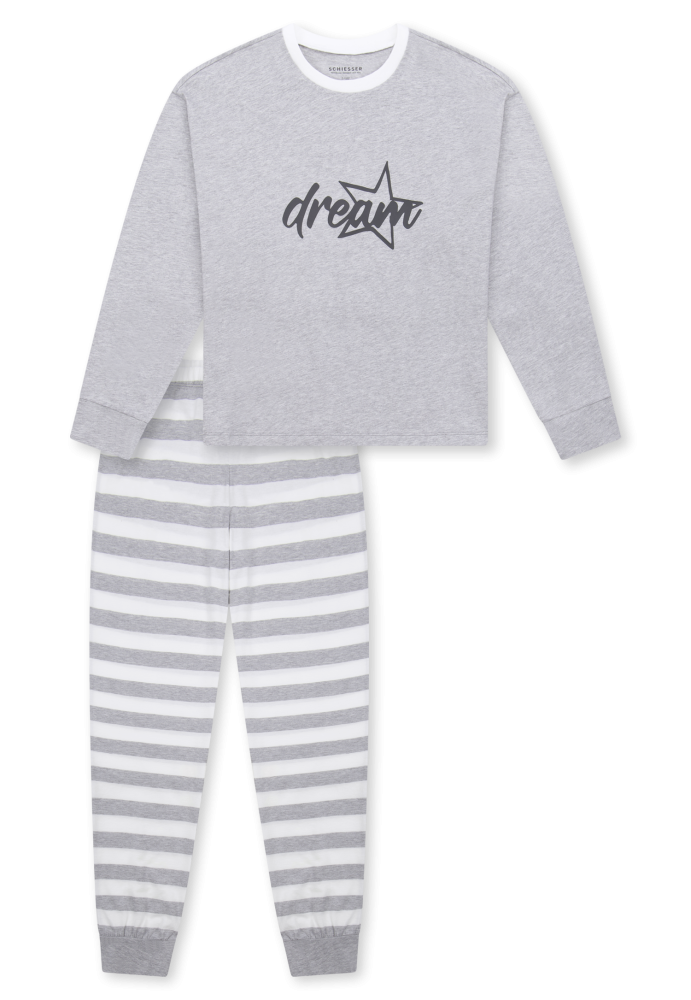Schiesser Schlafanzug lang Bündchen Ringel grau-meliert - Teens Nightwear für Mädchen, Größe XS, 100 % Baumwolle