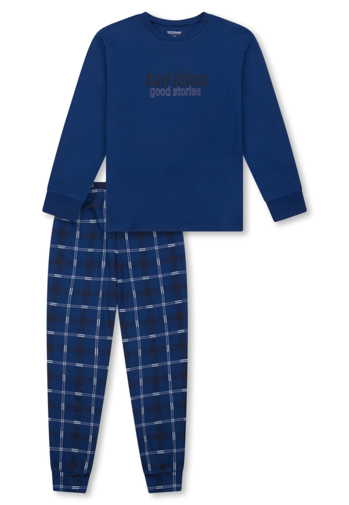 Schiesser Schlafanzug mit Bündchen Blau kariert - Teens Nightwear für Jungen, Größe XS, 100 % Baumwolle