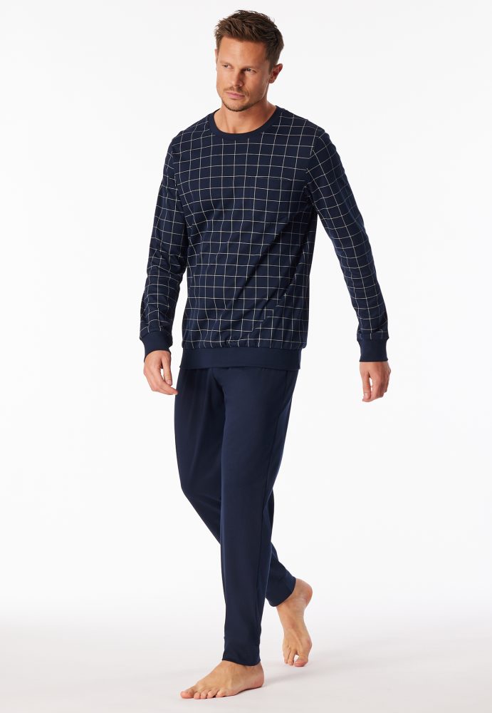 Schiesser Schlafanzug mit Bündchen Dunkelblau kariert - Fine Interlock für Herren, Größe LXL, 100 % Baumwolle